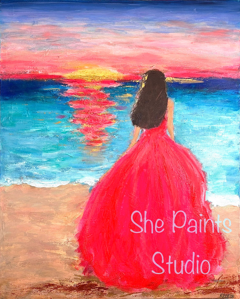 Original canvas art - textured wall art - abstract sunset painting - woman on beach