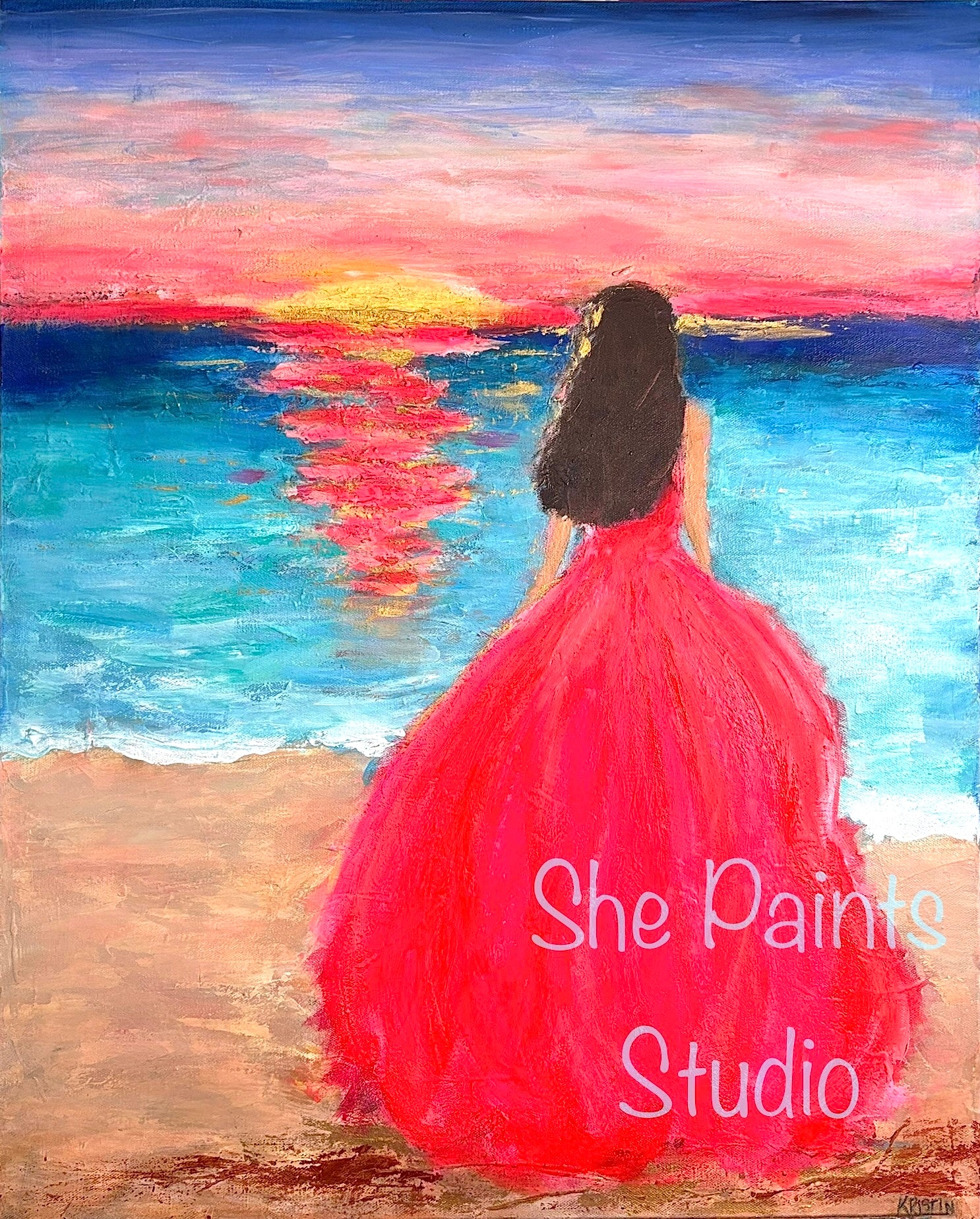 Original canvas art - textured wall art - abstract sunset painting - woman on beach