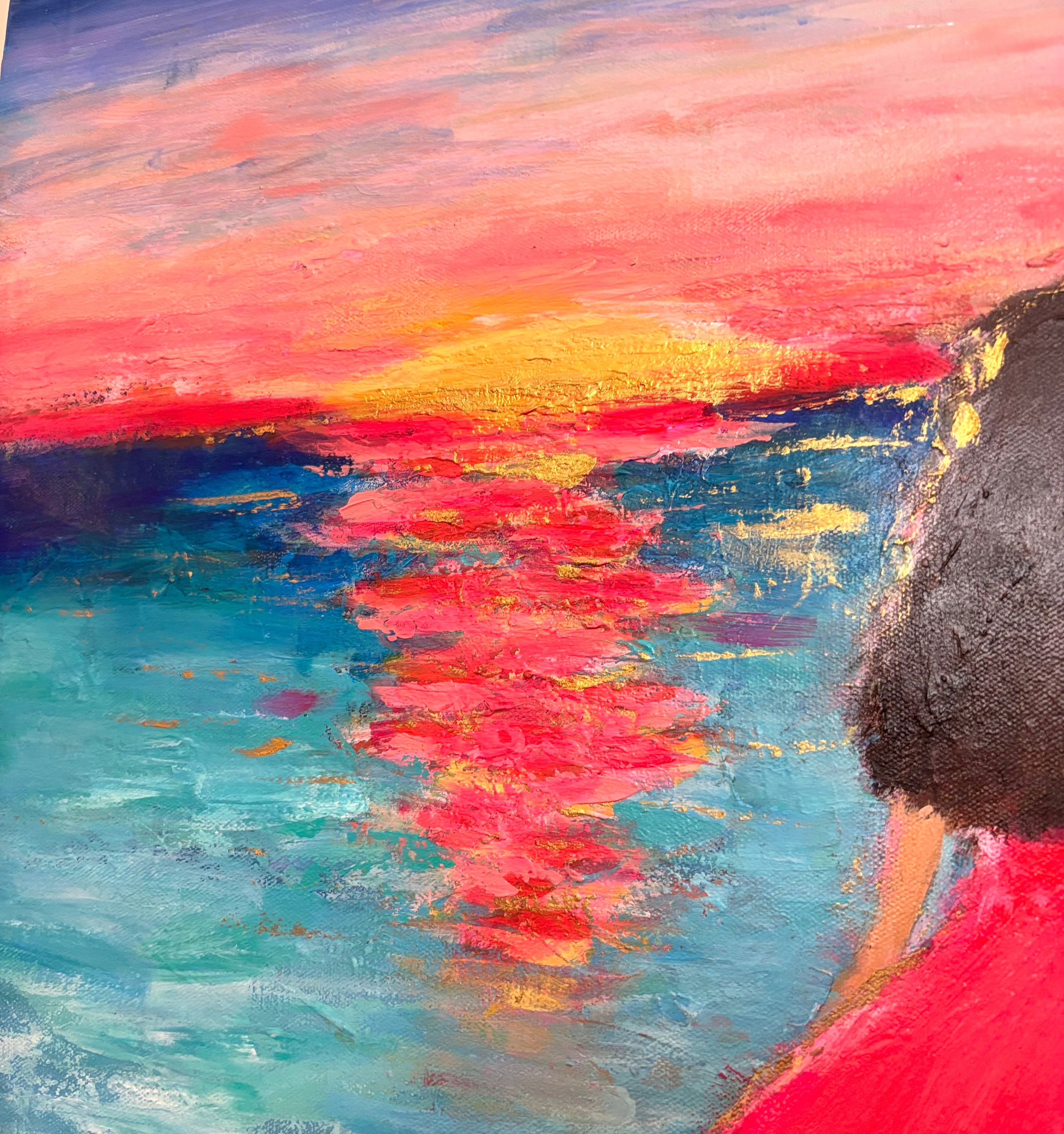 Original canvas art - textured wall art - abstract sunset painting - woman on beach