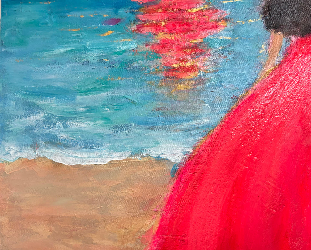 Original canvas art - textured wall art - abstract sunset painting - woman on beach