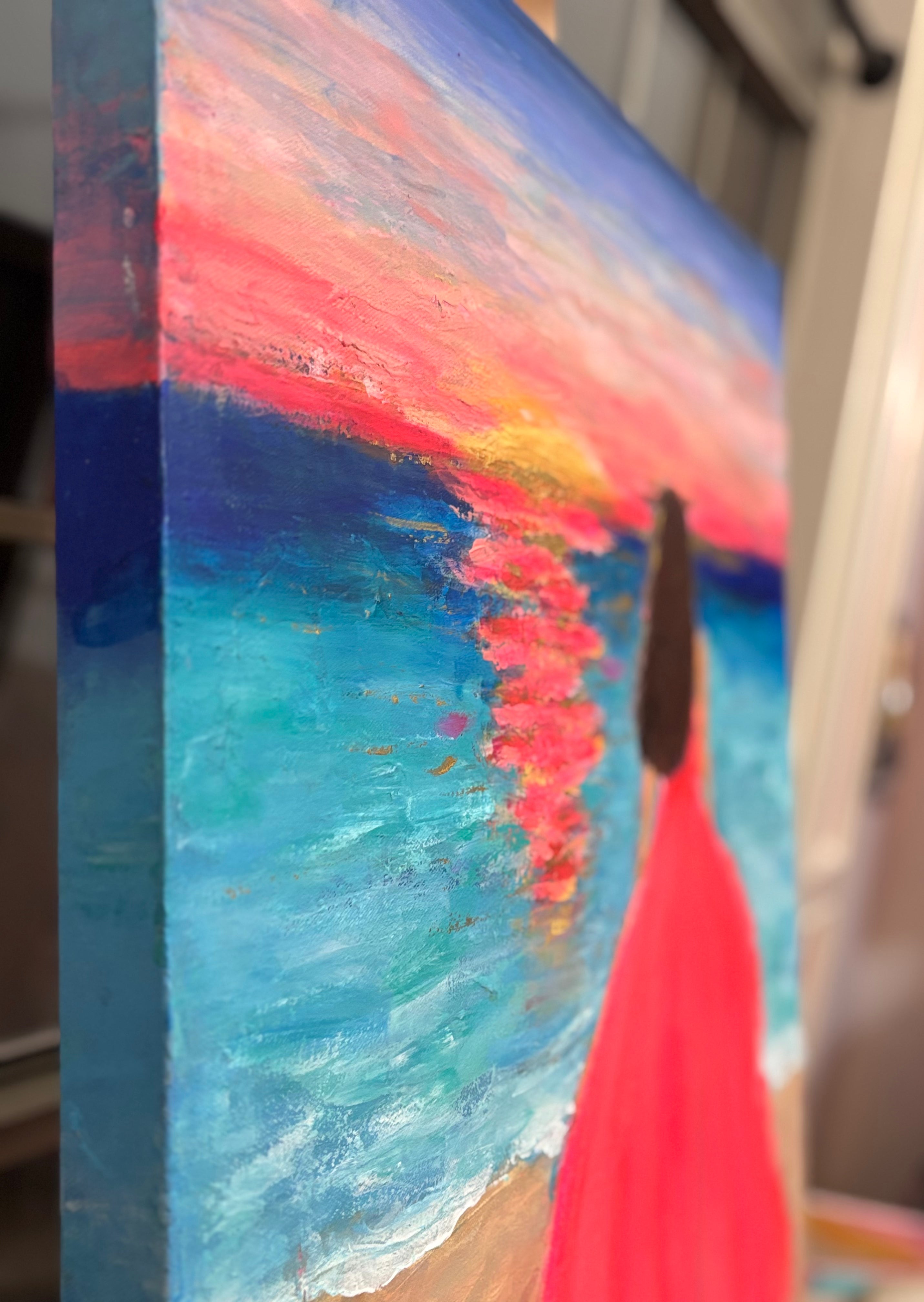 Original canvas art - textured wall art - abstract sunset painting - woman on beach