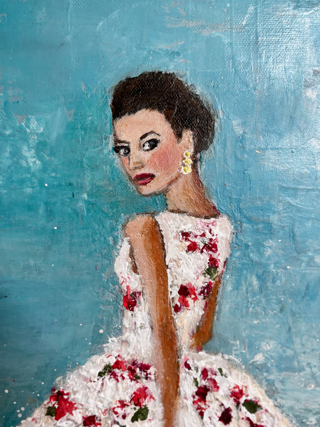 Original canvas art - textured - blue - woman in white dress couture - "Rose"