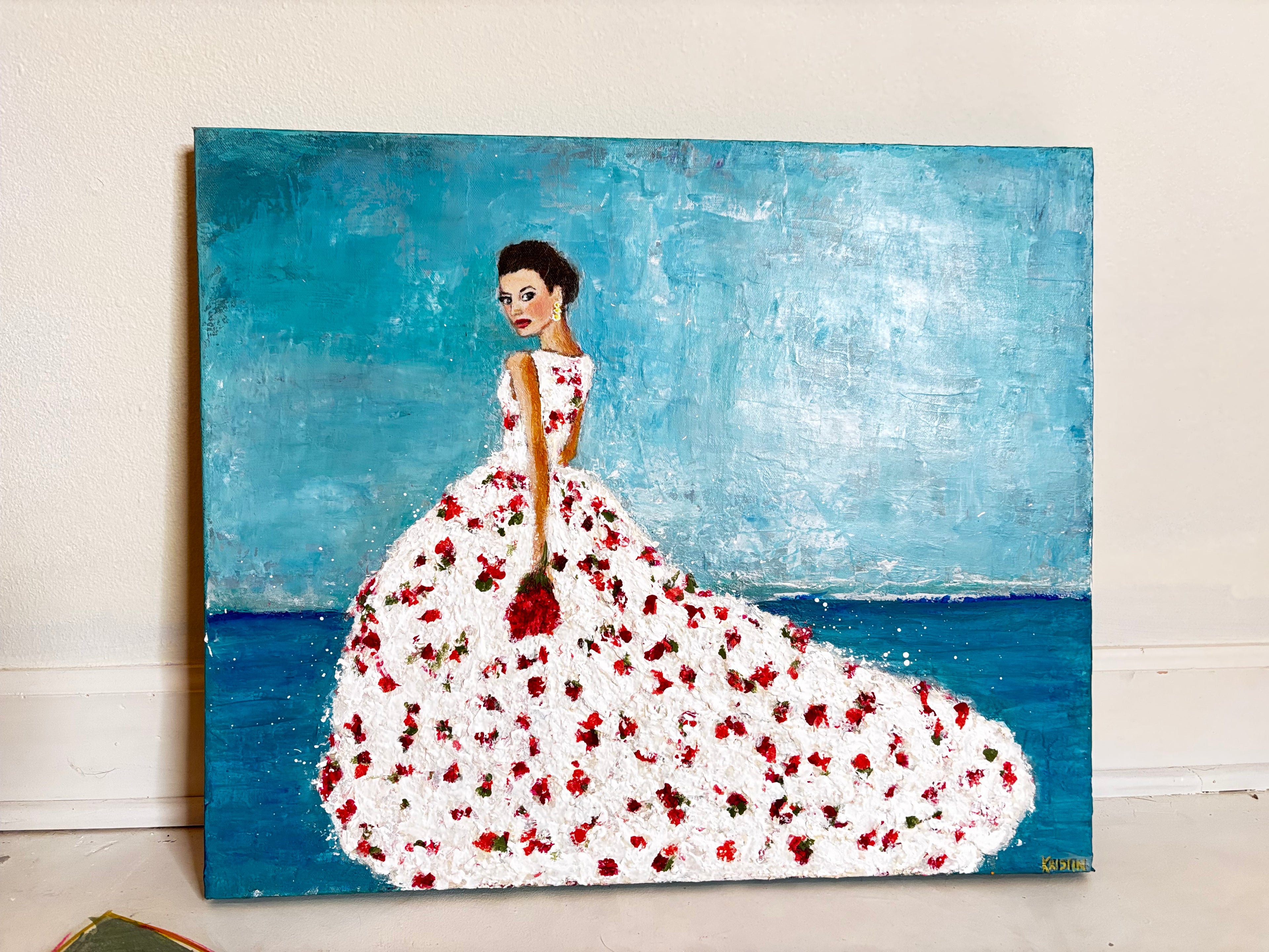 Original canvas art - textured - blue - woman in white dress couture - "Rose"
