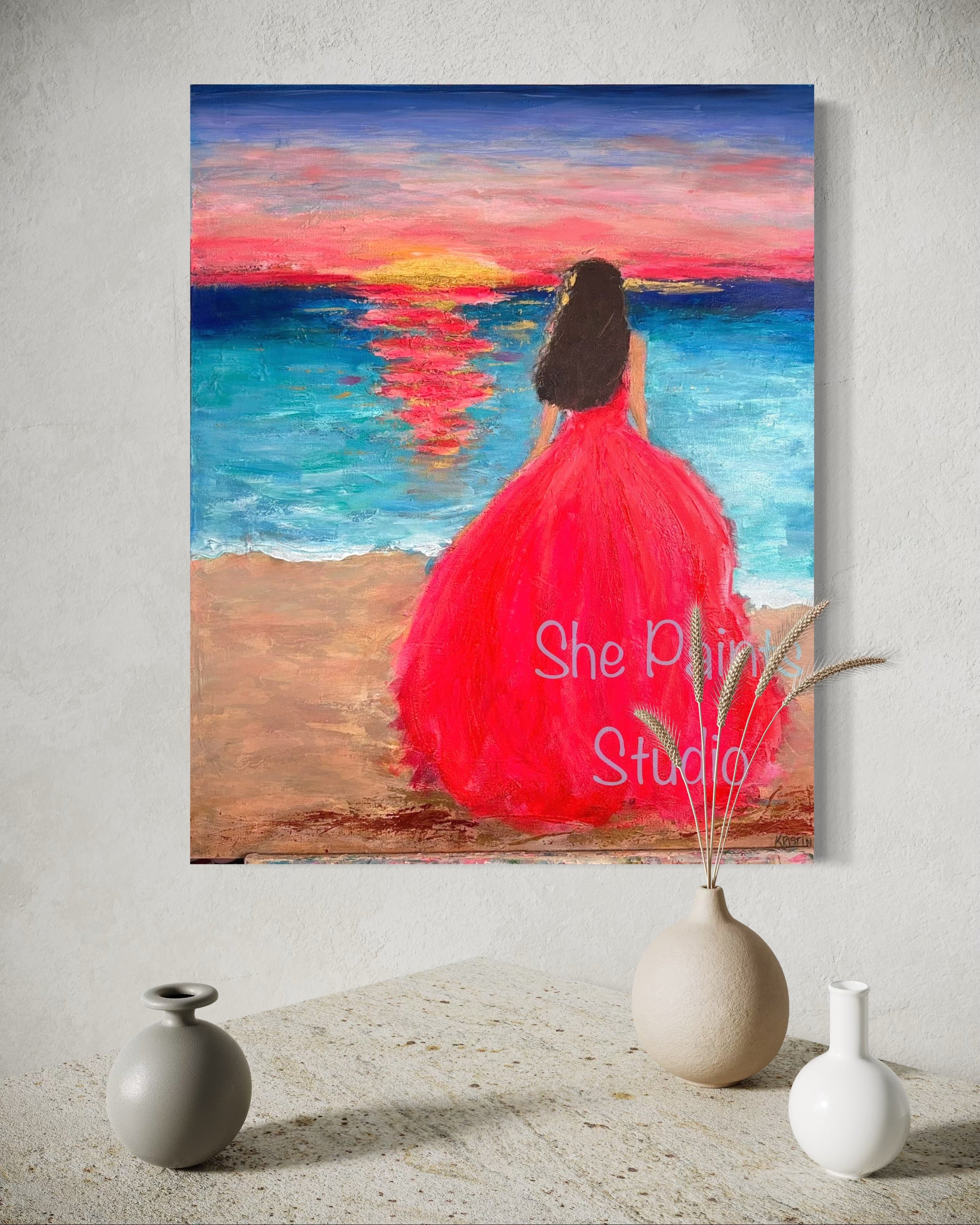 Original canvas art - textured wall art - abstract sunset painting - "Fire on the Water"