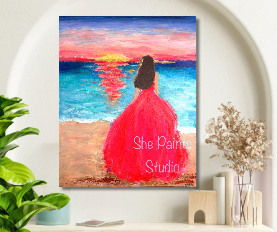 Original canvas art - textured wall art - abstract sunset painting - woman on beach